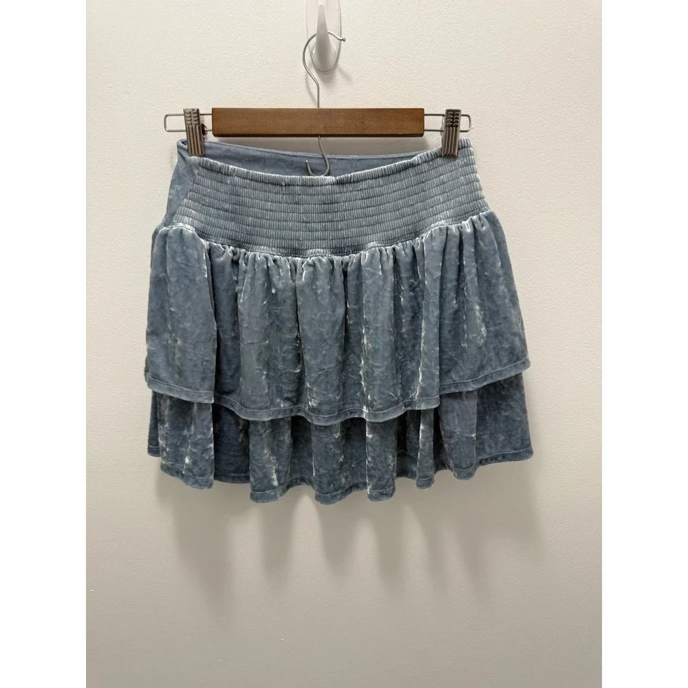 Gap Kids Girls XXL 14-16 Dusty Blue Crushed Velvet Tiered Ruffle Mini Skirt